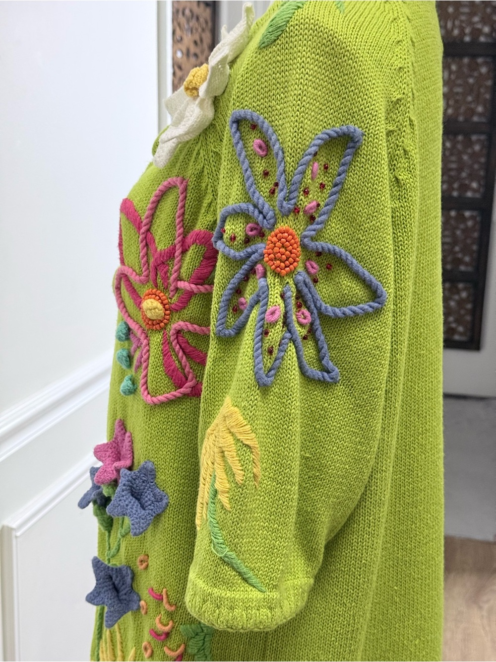 Vintage Cervelle 3D Floral Embroidered Beaded Novelty Cardigan Lime Green M - Picture 5 of 15